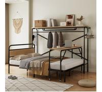 Lit en métal 140x200cm, lits plats + table + porte-manteau vertical, table à roulettes, noir + naturel,