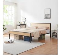 [en.casa] Lit Double Élégant avec Tête de Lit Rectangulaire Capacité de Charge 300 kg Résistant aux Rayures Confortable Stable Métal Tressage en Plastique 160 x 200 cm Noir Effet Rotin