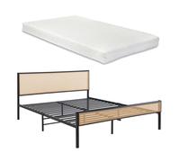 Lit en métal Linköping avec tête de lit rectangulaire et matelas 160 x 200 cm noir / effet rotin
