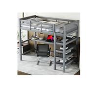 Lit en mezzanine, 90*200 cm, avec compartiment de rangement et bureau intégré avec sommier à lattes, gris