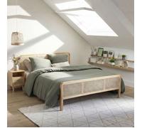 Lit en pin massif avec véritable cannage ANNA 160x200 + table de chevet cannage - Bois naturel - Terre de Nuit