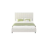 CONCEPT USINE | Lit 140x190 cm Tissu Bouclette Beige Cambridge | Tête de Lit Capitonnée Lignes Verticales | Sommier à Lattes Inclus | Style Cocooning & Moderne | Pieds Noirs Élancés | Confort Design