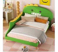 Lit enfant 140 x 200 cm forme dinosaure vert en PU, sommier à lattes, capacité 220 kg