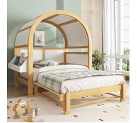 Lit enfant, 140 x 200 cm, lit à baldaquin extensible, lit gigogne, avec petite étagère de rangement latérale, finition bois naturel