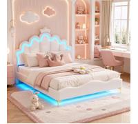 Lit Enfant 140x190 cm avec LED, Lit Princesse Moulures de Couronne, Tête de lit Réglable, Lit Fille avec Sommier, PU Blanc