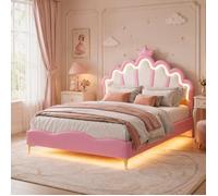 Lit Enfant 140x190 cm avec LED, Lit Princesse Moulures de Couronne, Tête de lit Réglable, Lit Fille avec Sommier, PU Rose