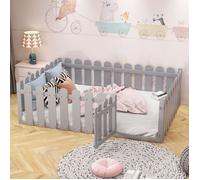 Lit Enfant 140x200 avec Barriere, Lit Au Sol Enfant avec Clôture et Porte, Lit Montessori pour Filles et Garçons en Pin Bois, Gris