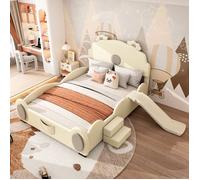 Lit enfant 140x200 cm avec toboggans et escaliers,lit double avec dessin animé pu Tête de lit Garde-corps anti-chute,beige