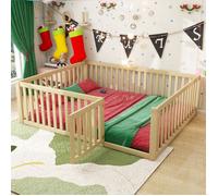 Lit Enfant 140x200cm, Lit Au Sol Enfant avec Clôture et Porte, Lit Montessori Fille Garcon, Bois Naturel, pour Décoration de Noël
