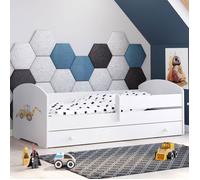 Lit enfant 160 x 80 cm + sommier + matelas + tiroir + barrière de protection avec motif pelleteuse