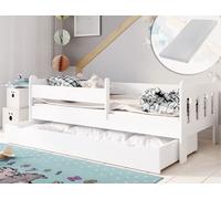 Lit Enfant 160x80 cm - Matelas et sommier inclus - Avec tiroir et barrière de lit - Lit simple évolutif - Style scandinave - Blanc