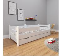 Lit enfant 200x90 cm en bois avec sommier - Barrière de lit et tiroir inclus - Lit simple avec rangement - Lit fille garçon -