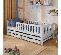 Lit enfant 3en1 80x160 cm - Lit simple avec lit gigogne - 2 tiroirs - Sommier inclus - Lit en bois massif - Blanc