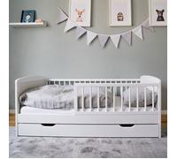 Lit enfant 70x140 cm - Avec sommier et tiroir - Lit enfant évolutif - Barrière de lit amovible - Bois de pin - Blanc