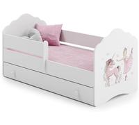 Lit enfant 70x140 cm - Matelas et sommier inclus - Lit simple - Tiroir de rangement et barrière de lit - Motif cheval et princesse