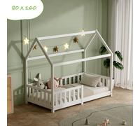 Lit enfant 80 x 160 cm avec protection contre les chutes, grille et toit - Lit enfant maison en bois massif blanc - Lit maison
