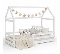 Lit Enfant 80x160 cm Blanc | Lit Cabane avec Barrière de Sécurité | Montessori | Lit Simple | avec Sommier | Bois