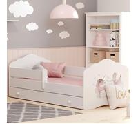 Lit enfant 80x160 cm - Matelas et sommier inclus - Lit simple - Tiroir de rangement et barrière de lit - Motif cheval et princesse
