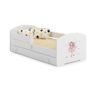 Lit enfant 80x160 cm - Matelas inclus - Lit simple avec tiroir de rangement et barrière de lit - Structure de lit - Motif princesse