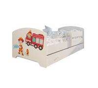 Lit enfant 80x160 cm - Matelas inclus - Lit simple avec tiroir de rangement et barrière de lit - Structure de lit - Motif pompiers