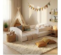 Lit enfant 80x160 cm Montessori - Sommier inclus - Barrière de sécurité - Lit au sol - Blanc LEO