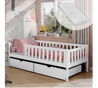 Lit enfant 80x180 cm - 2 tiroirs - Lit avec rangement - Matelas et sommier inclus - Lit simple en bois massif - Blanc