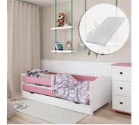 Lit enfant 80x180 cm avec matelas et sommier - Tiroir de rangement - Lit fille avec barrière de lit - Motif cœur - Blanc et Rose