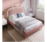 Lit Enfant 90 x 200 cm, Lit Rembourré avec Tête de Lit Réglable en Hauteur, Lit Simple avec Eclairage LED, Velours, Rose