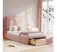 Lit enfant 90 x 200 cm Lit simple avec tiroir de rangement et Tête de lit rembourrée Sommier à Lattes Chenille Rose