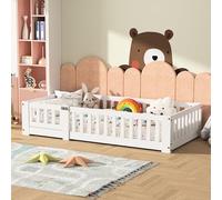 Lit Enfant 90x190 avec Porte et Barrière de Sécurité, Lit au Sol 90x190 avec Sommier à Lattes,Cadre de Lits Montessori au Sol en Bois Massif Pin, Lit Sol Enfant Bois pour Enfant et Bébés, Blanc