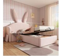 Lit Enfant 90x190 avec tête de lit oreilles de lapin Lit capitonné avec angement hydraulique et table de chevet Velours Rose