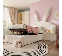 Lit Enfant 90x190 avec tête de lit oreilles de lapin Lit capitonné avec angement hydraulique et table de chevet Velours Beige
