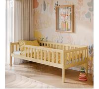Lit enfant 90x190 cm - Avec sommier et barrière de lit - Lit simple - Structure en bois de pin - Naturel