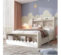 Lit enfant - 90x190 cm - Blanc & chêne clair - 2 tiroirs + étagères - Banc intégré