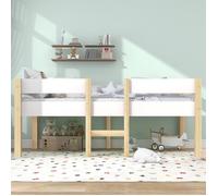 Lit Enfant 90x190 cm en bois de pin massif - Lit cabane Lit d'enfant avec Sommier à Lattes - barrière de sécurité - Blanc et Chêne