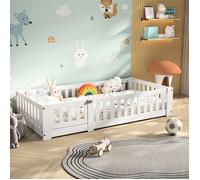 Lit Enfant 90x190 cm, Lit au Sol avec Barrière de Sécurité et Sommier à Lattes, Cadre de Lit Simple en Bois, Blanc, Sans Matelas