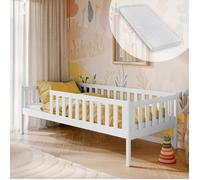 Lit enfant 90x190 cm - Matelas inclus - Avec sommier et barrière de lit - Lit simple - Structure en bois de pin - Blanc