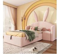 Lit enfant 90x190 rose en velours, design oreilles de lapin, coffre de rangement et table de chevet