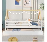 Lit enfant 90x200+90x190cm, lit cabane dans les arbres, lit de repos, lit gigogne, lit coulissant avec roulettes en dessous, blanc