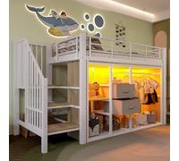 Lit enfant 90x200 avec éclairage LED,2 tiroirs,armoire ouverte,plusieurs rangements,lit mezzanine enfant en métal avec larges escaliers,cadre de lit mi hauteur 90 x 200 avec sommier à lattes (C-Blanc)