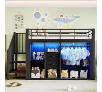 Lit enfant 90x200 avec éclairage LED,2 tiroirs,armoire ouverte,plusieurs rangements,lit mezzanine enfant en métal avec larges escaliers,cadre de lit mi hauteur 90 x 200 avec sommier à lattes (C-Noir)