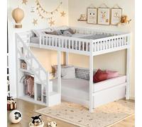 Lit Enfant 90x200 avec Escalier de Sécurité, Lit Mezzanine 1 Place Bois Massif avec Espace Rangement et Petite Armoire, lit combine enfants Multifonction avec Protection Anti-Chute (Blanc, 90×200cm)
