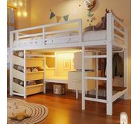 Lit enfant 90x200 avec LED,coussin d'assise,tiroir de rangement en tissu,sac de rangement en tissu,espace patère,lit mezzanine enfant en métal,cadre de lit mi hauteur 90x200 avec sommier (A-Blanc)