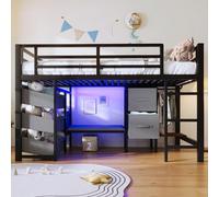 Lit enfant 90x200 avec LED,coussin d'assise,tiroir de rangement en tissu,sac de rangement en tissu,espace patère,lit mezzanine enfant en métal,cadre de lit mi hauteur 90x200 avec sommier (A-Noir)