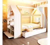 Lit Enfant 90x200 avec LED,Design Maison,Lit Simple en Bois Massif avec 2 tiroirs et rangements,Lit Multifonction, adapté aux Enfants et Adolescents, Naturelle+Blanc (Matelas Non Inclus)