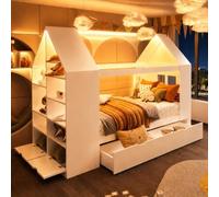 Lit Enfant 90x200 avec LED,Design Maison,Lit Simple en Bois Massif avec 2 tiroirs et rangements,Lit Multifonction, adapté aux Enfants et Adolescents, Blanc (Matelas Non Inclus)