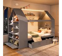 Lit Enfant 90x200 avec LED,Design Maison,Lit Simple en Bois Massif avec 2 tiroirs et rangements,Lit Multifonction, adapté aux Enfants et Adolescents, Gris (Matelas Non Inclus)
