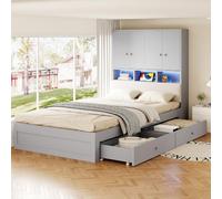 lit enfant 90x200 avec sommier à Lattes avec dossier rembourré, tête de lit avec espace de rangement, tiroirs et étagères, éclairage LED et prise électrique,Lit Simple en Bois Massif pour Adolescents