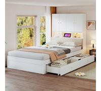 lit enfant 90x200 avec sommier à Lattes avec dossier rembourré, tête de lit avec espace de rangement, tiroirs et étagères, éclairage LED et prise électrique,Lit Simple en Bois Massif pour Adolescents