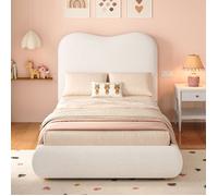 Lit enfant 90x200 bouclé beige avec coffre hydraulique + sommier, tête de lit rembourrée, rangement